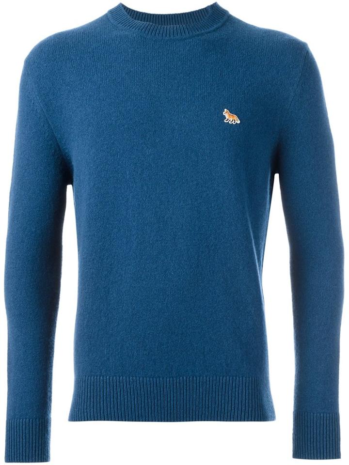 Maison Kitsuné Small Chest Patch Pullover, Men's, Size: Large, Blue, Lambs Wool