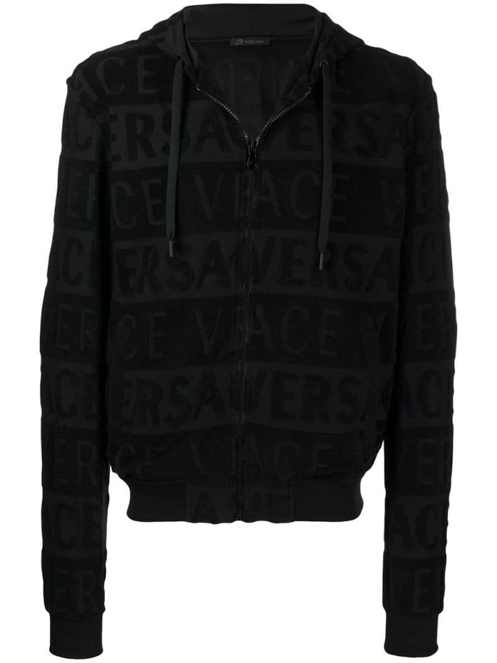 Versace Logo Patterned Zipped Hoodie - Black