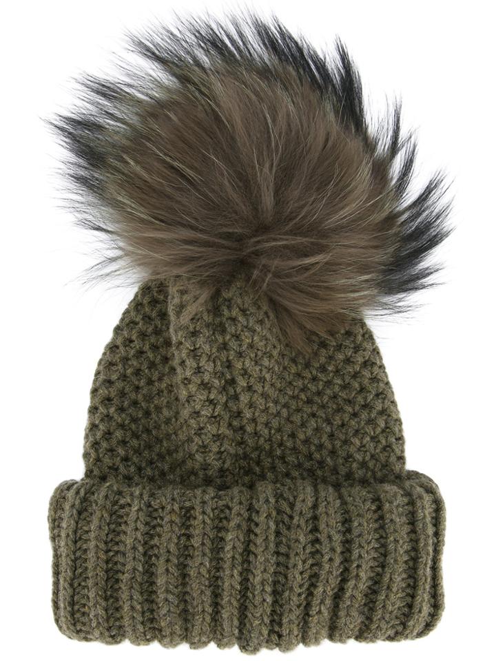 Inverni Beanie With Racoon Fur Pom Pom - Green