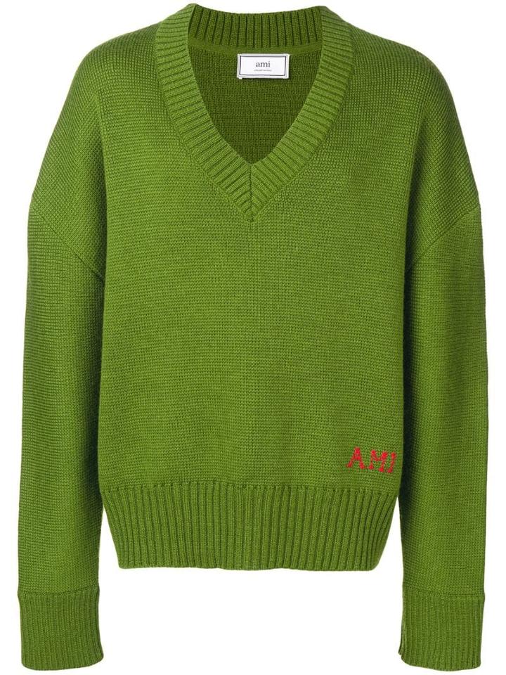 Ami Paris V Neck Oversize Sweater - Green
