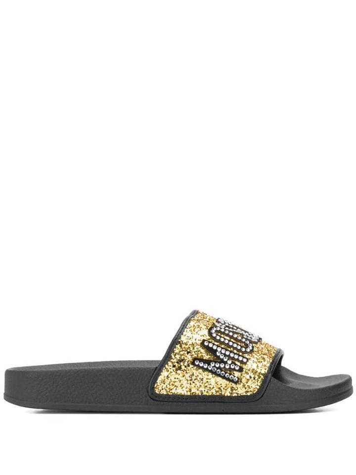 Moschino Bejewelled Logo Glitter Pool Slides - Black