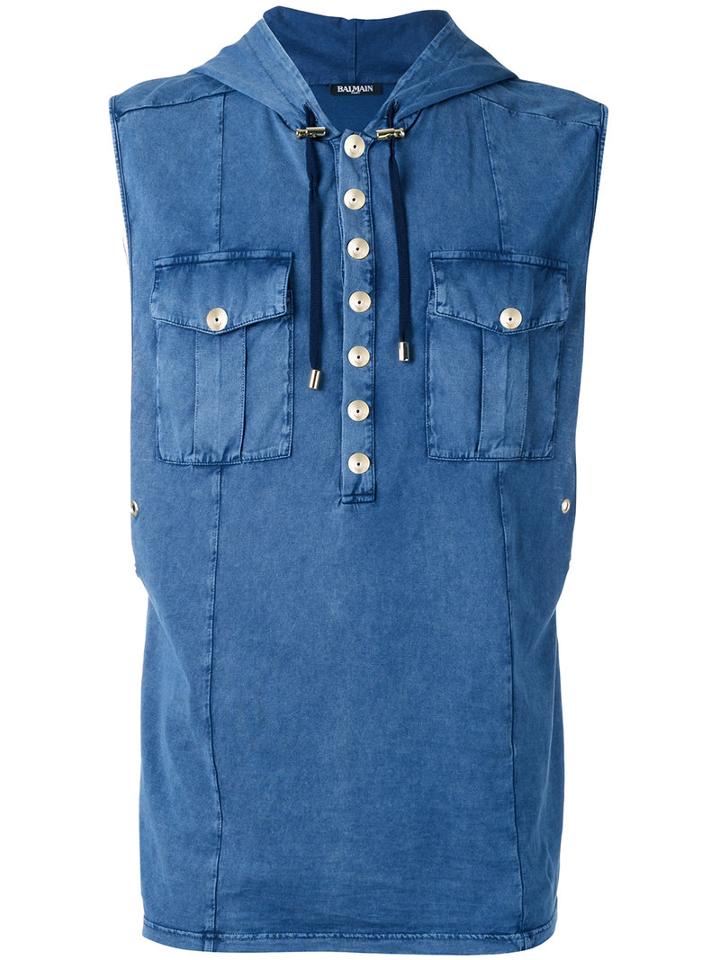 Balmain - Sleeveless Denim Effect Hoodie - Men - Cotton - S, Blue, Cotton