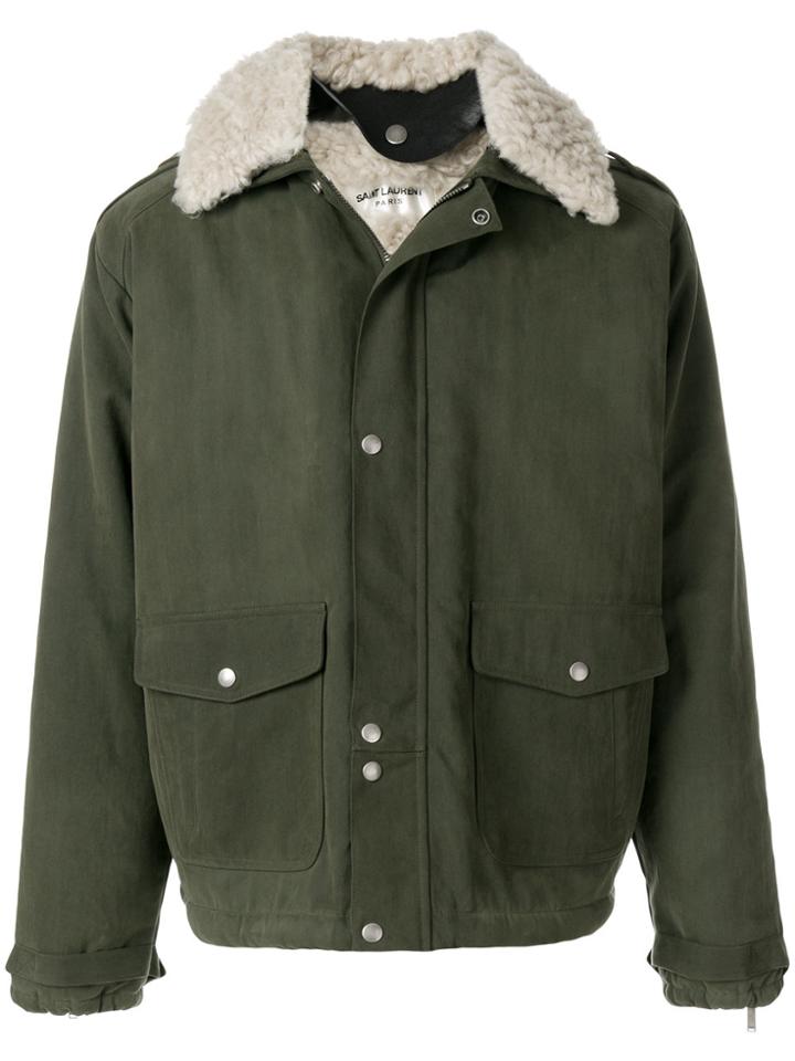 Saint Laurent Lamb Fur Trim Military Parka - Green