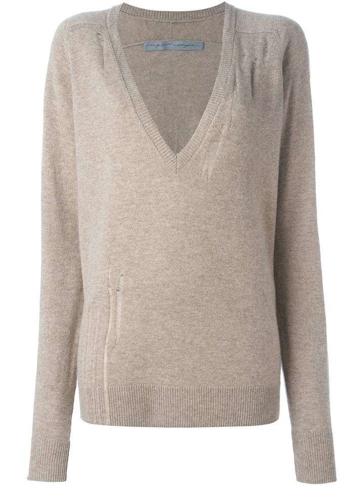 Raquel Allegra Distressed V-neck Jumper, Women's, Size: 2, Nude/neutrals, Merino