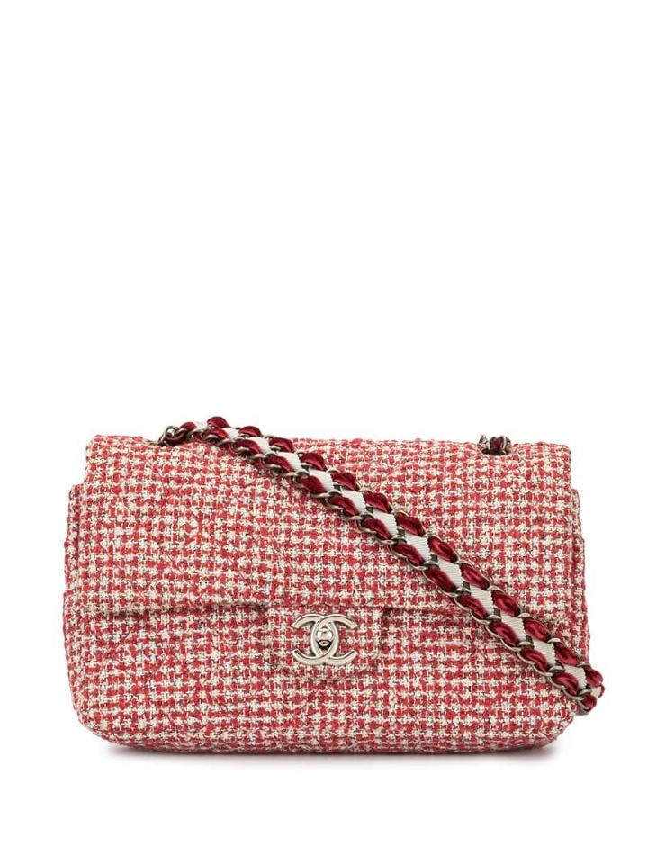 Chanel Pre-owned Tweed Double Flap Chain Shoulder Bag - Red
