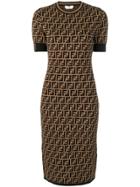 Fendi Ff Logo Print Fitted Dress - Brown
