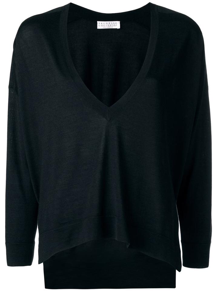 Brunello Cucinelli Loose Fit V-neck Jumper, Women's, Size: Large, Black, Cashmere/silk