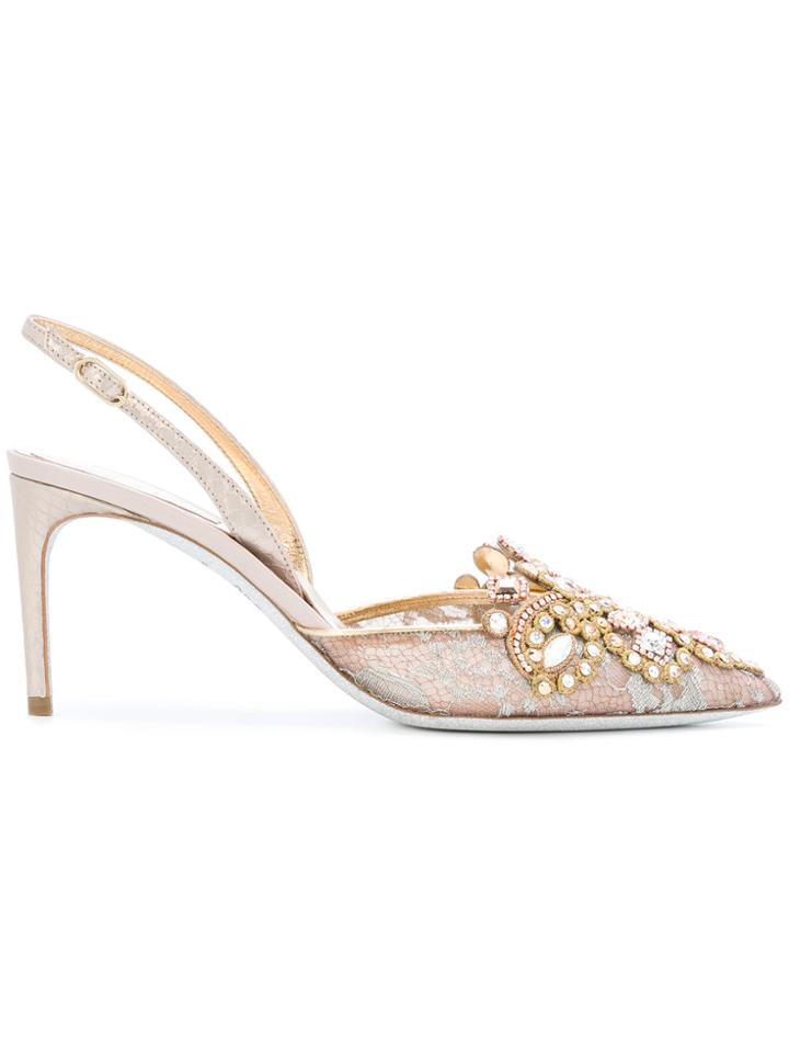 René Caovilla Embellished Slingback Pumps - Metallic