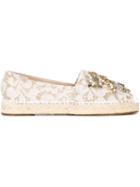 Dolce & Gabbana Embellished Lace Espadrilles, Women's, Size: 37, White, Cotton/leather/glass