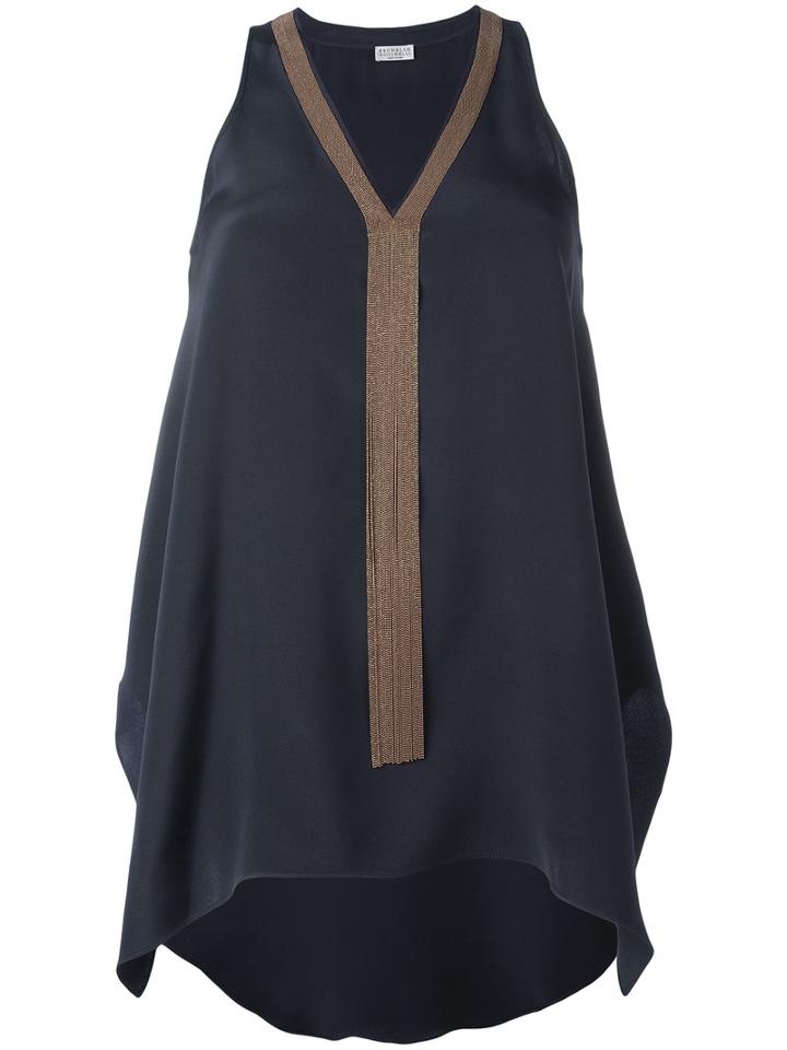 Brunello Cucinelli Embellished V-neck Tank, Women's, Size: Xs, Blue, Silk/brass