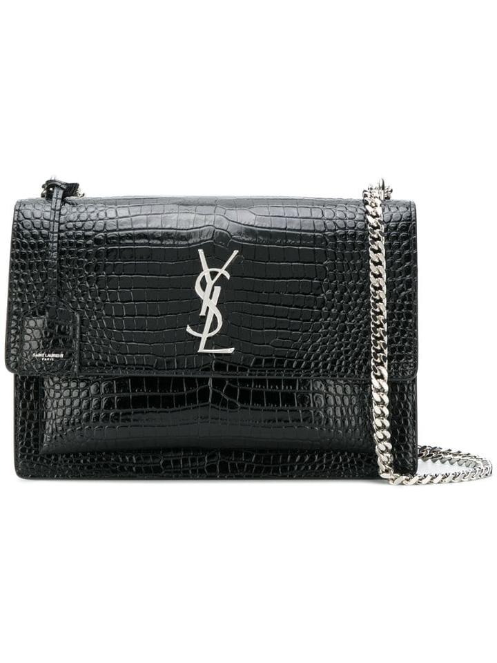 Saint Laurent Black Croc Sunset Monogram Leather Shoulder Bag