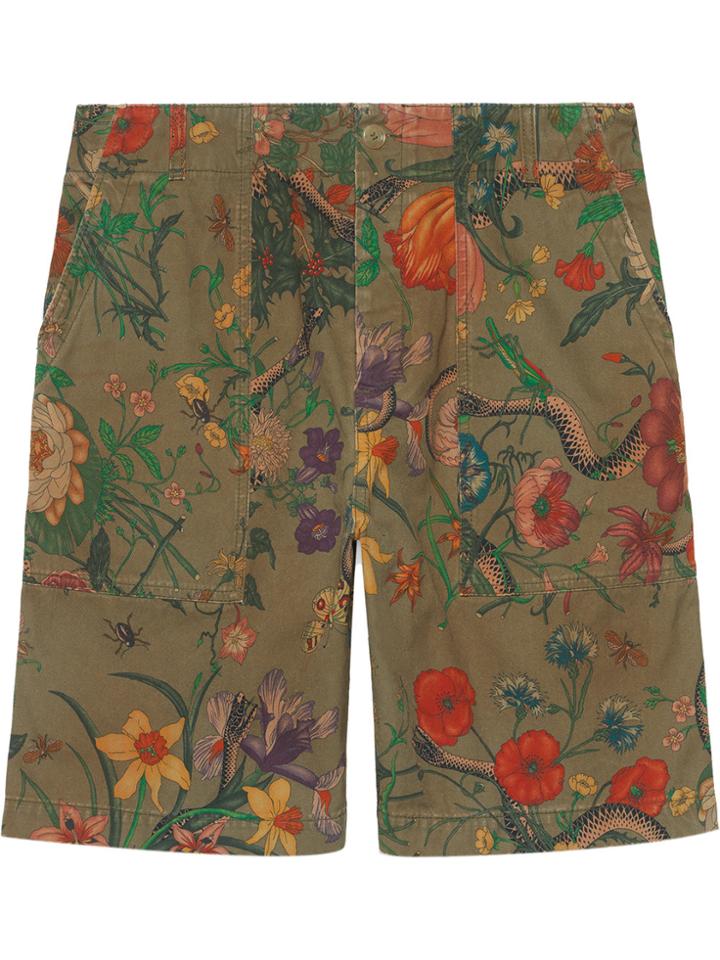 Gucci Flora Snake Print Cotton Shorts - Brown