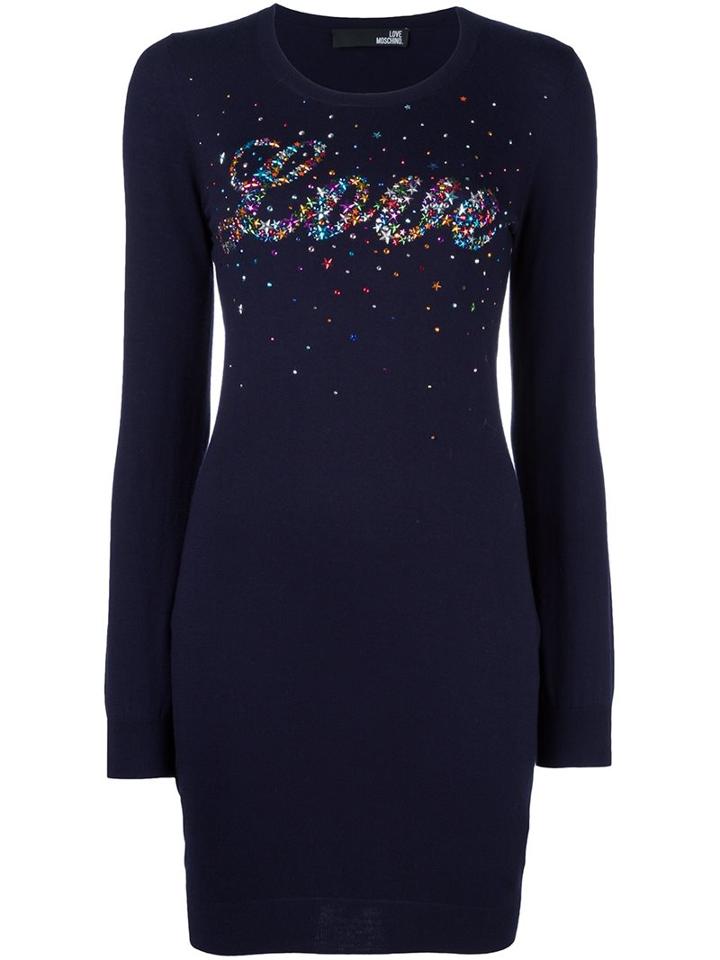 Love Moschino Embellishment Logo Sweater Dress, Women's, Size: 40, Blue, Polyamide/viscose/wool
