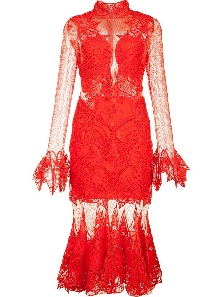 Jonathan Simkhai Ruffled Hem Sheer Dress, Women's, Size: 6, Red, Silk/spandex/elastane/nylon