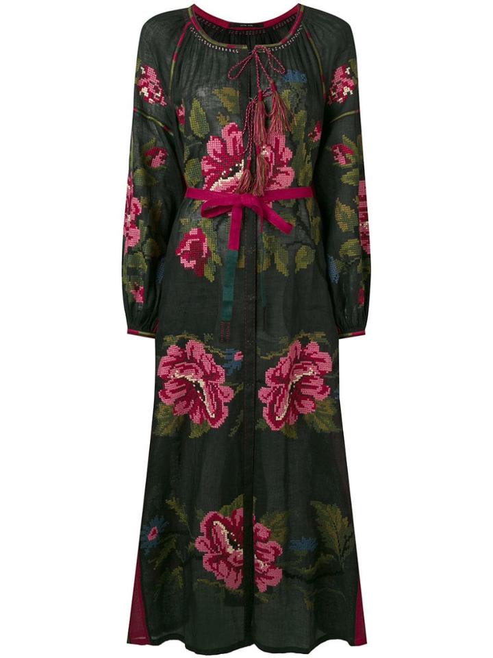 Vita Kin Rose Print Button-front Maxi Dress - Black