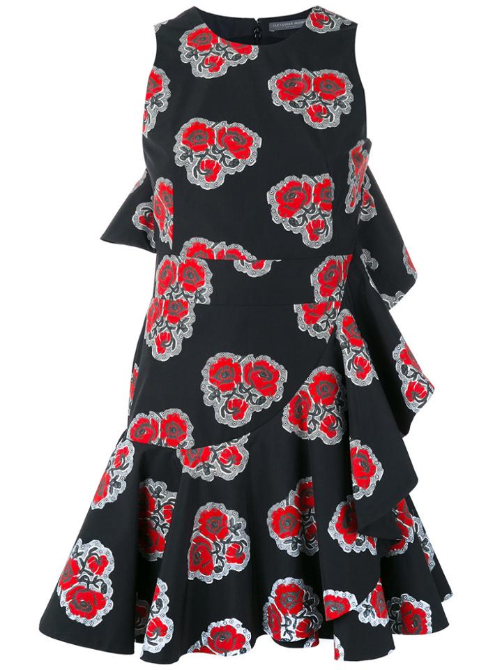 Alexander Mcqueen Ruffled Poppy Print Dress - Black