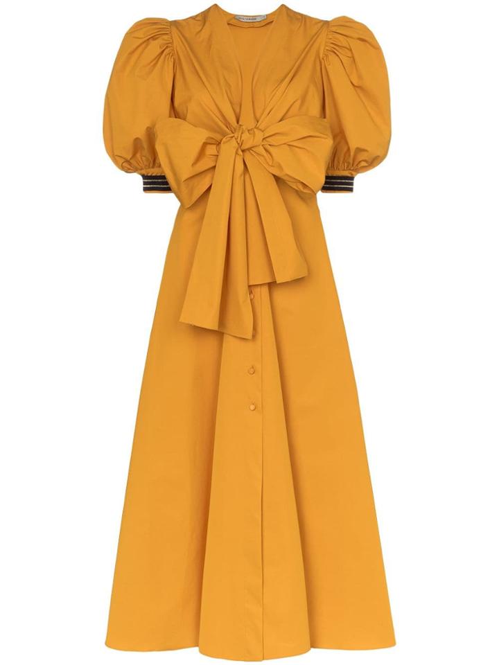 Silvia Tcherassi Miosotis Puff Sleeve Bow Tie Midi Dress - Yellow