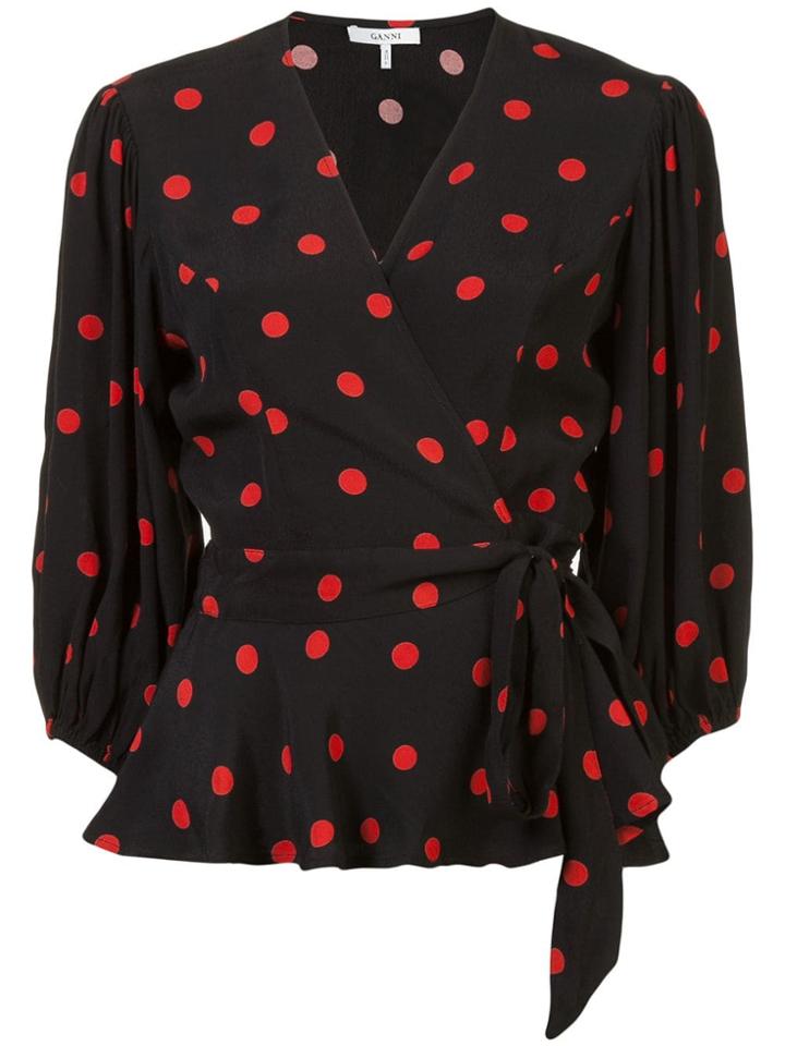 Ganni Polka Dot Wrap Blouse - Black