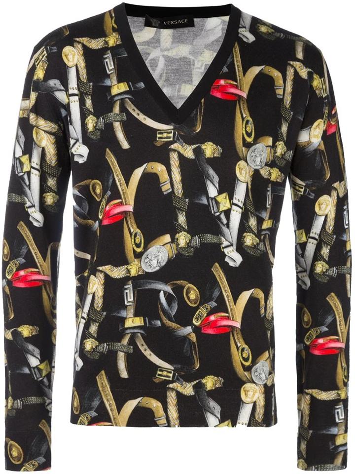 Versace Belt Print V-neck Jumper, Men's, Size: 46, Black, Silk/wool