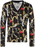 Versace Belt Print V-neck Jumper, Men's, Size: 46, Black, Silk/wool