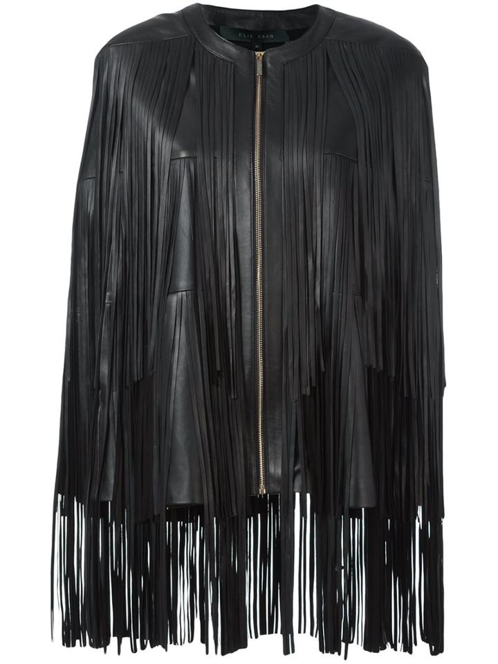 Elie Saab Fringed Cape, Women's, Size: 36, Black, Silk/lamb Skin