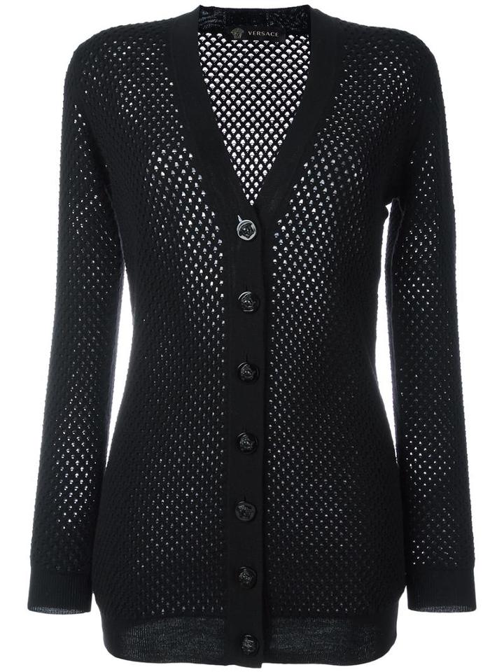 Versace Mesh Panel Cardigan, Women's, Size: 40, Black, Wool