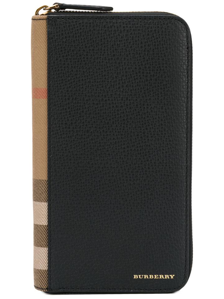 Burberry Checked Trim Zip Around Wallet - Black