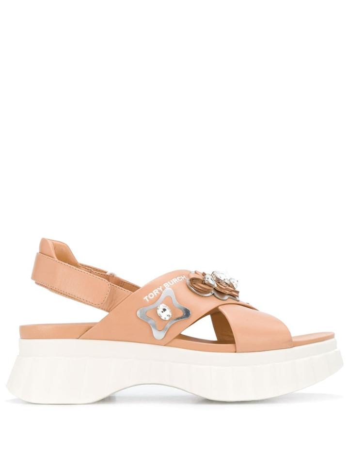 Tory Burch Embellished Cross Strap Sandals - Neutrals