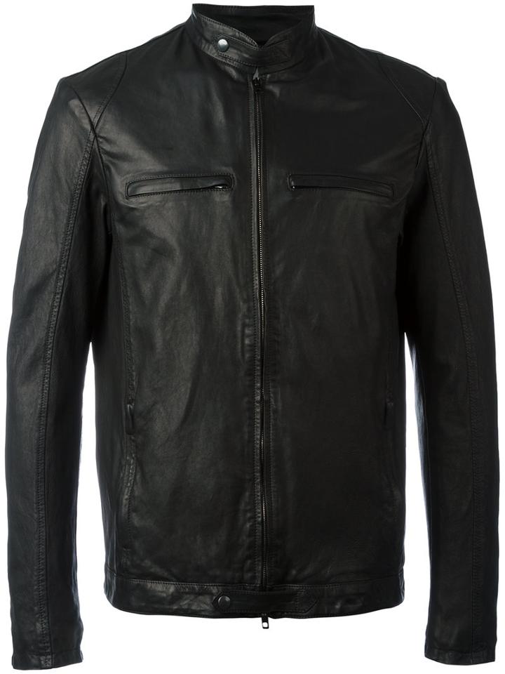 Salvatore Santoro Banded Collar Jacket, Men's, Size: 48, Black, Cotton/leather