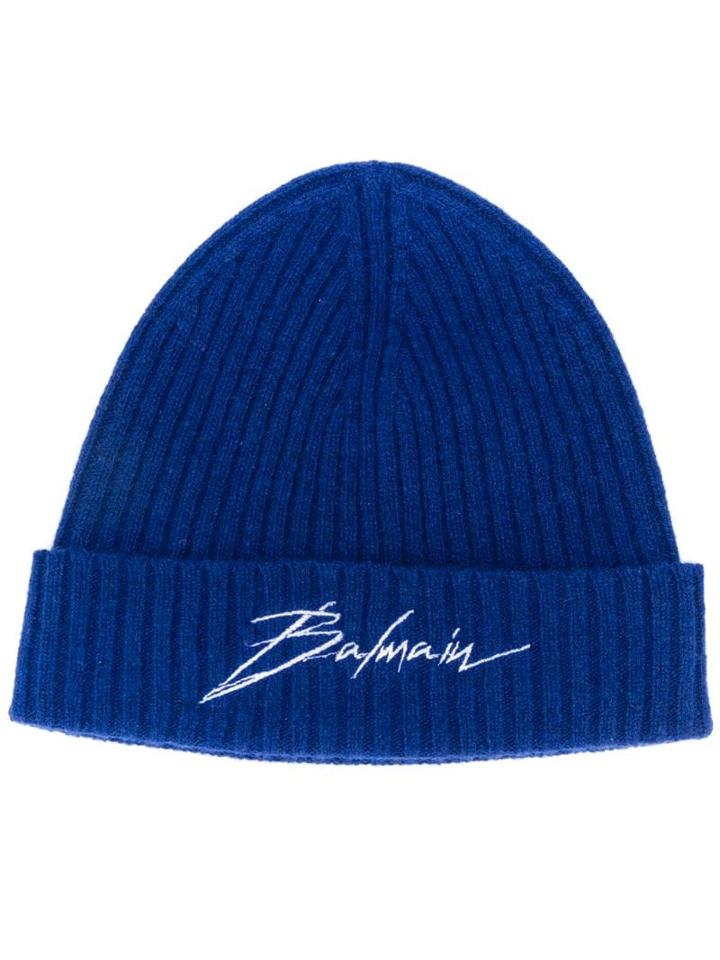 Balmain Ribbed Beanie Hat - Blue