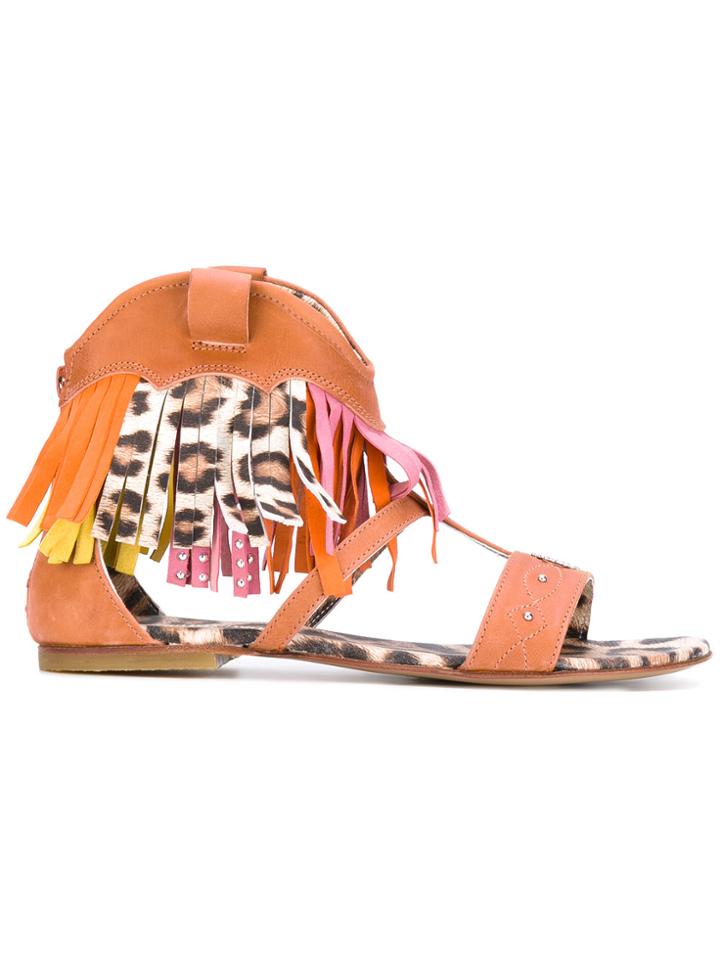 Roberto Cavalli Kids Leopard Fringed Sandals - Brown