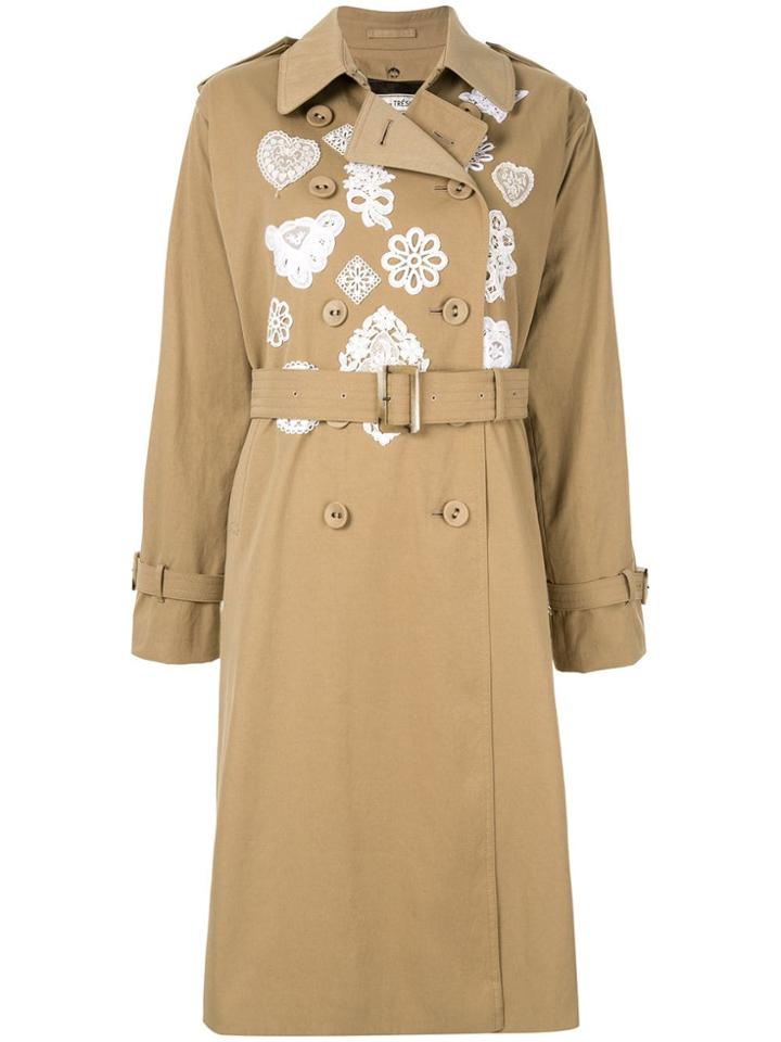 Tu Es Mon Trésor Embroidered Detail Trench Coat - Green