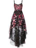 Marchesa Notte Floral Appliqué High Low Gown - Black