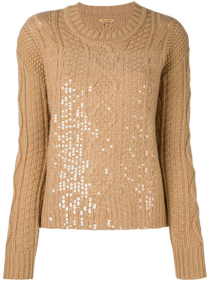 Peter Jensen Cable Knit Sequinned Jumper, Women's, Size: Small, Brown, Lambs Wool