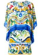 Dolce & Gabbana Majolica Print Fringed Dress, Women's, Size: 42, Silk/spandex/elastane/viscose/spandex/elastane