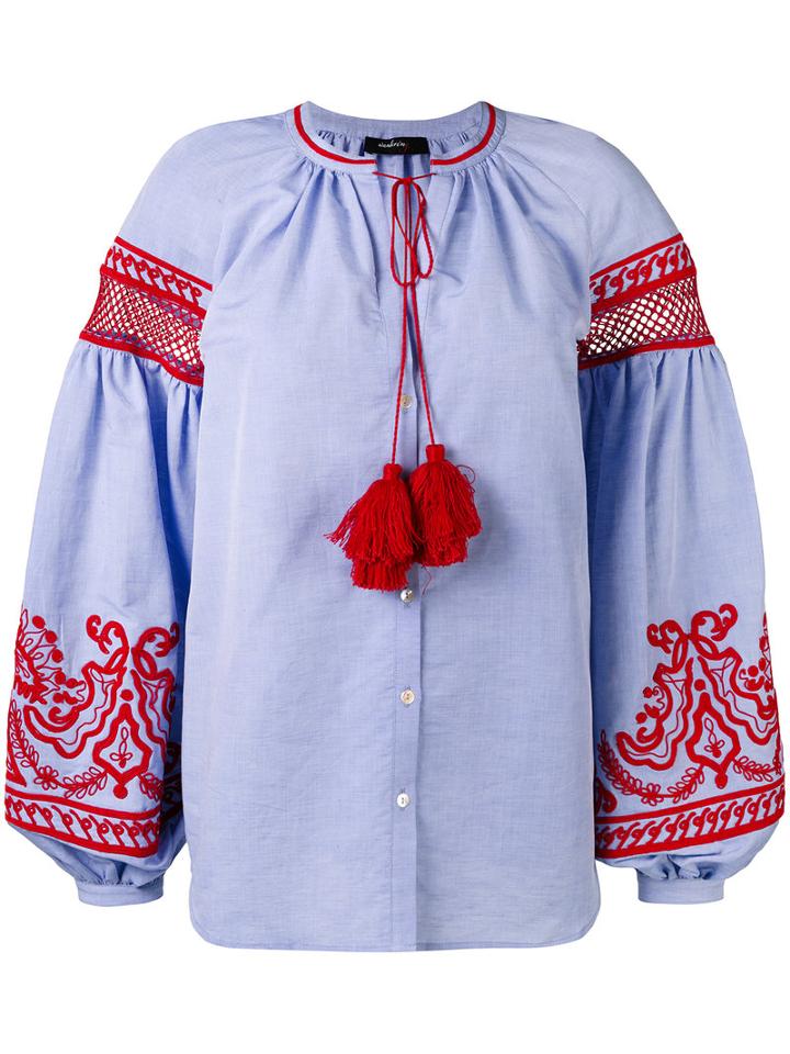 Wandering - Embroidered Wide Sleeve Blouse - Women - Cotton/linen/flax - 42, Blue, Cotton/linen/flax