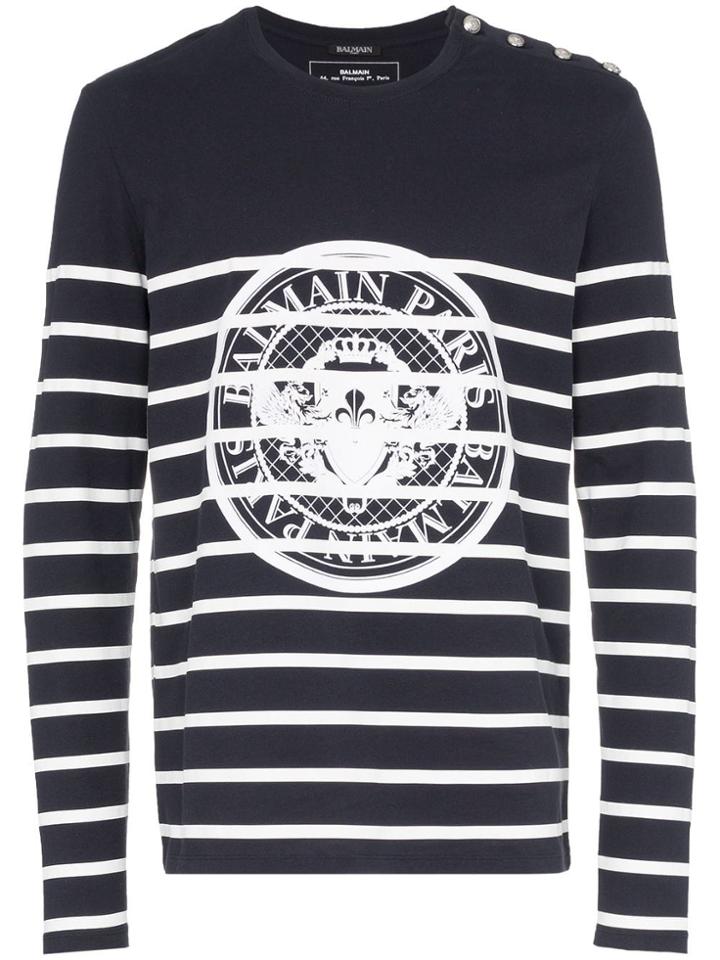 Balmain Stripe Print Coin Logo Long-sleeved Cotton T-shirt - Blue