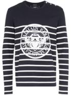 Balmain Stripe Print Coin Logo Long-sleeved Cotton T-shirt - Blue