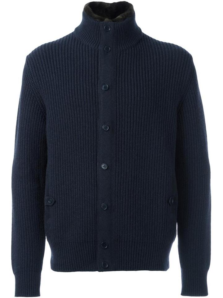 Loro Piana 'costa Inglese' Cardigan, Men's, Size: 50, Blue, Silk/goat Skin/spandex/elastane/coypu Fur