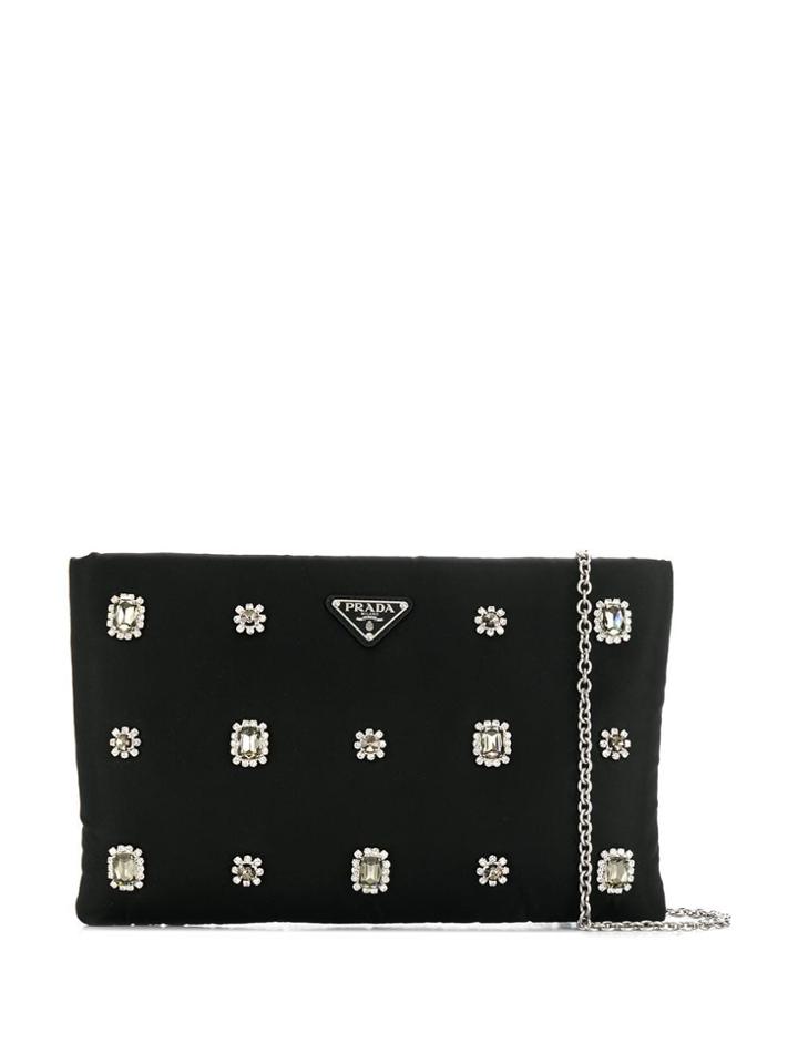 Prada Crystal Embellished Nylon Clutch - Black