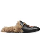 Gucci Princetown Slippers With Angry Cat Appliqué - Black