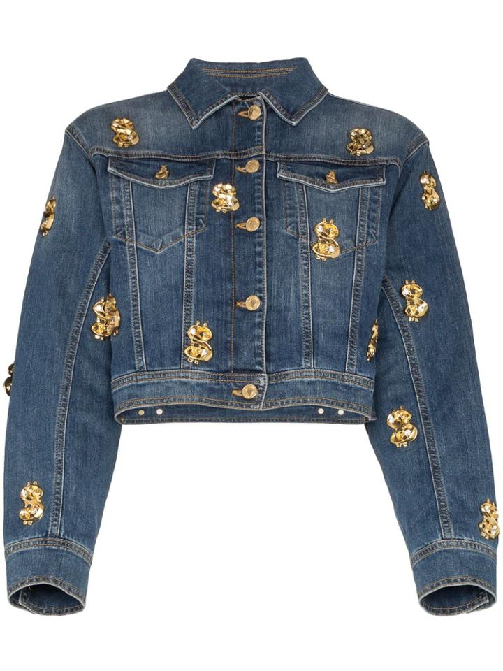 Moschino Cropped Embellished Denim Jacket - Blue