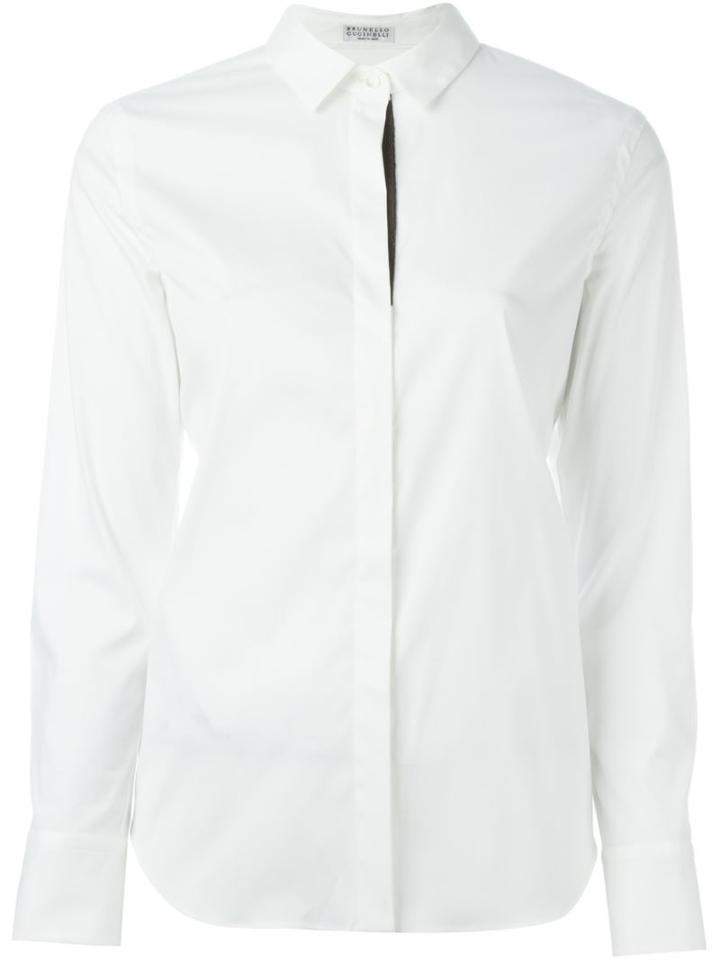 Brunello Cucinelli Embellished Placket Shirt, Women's, Size: Xxl, White, Cotton/polyamide/spandex/elastane