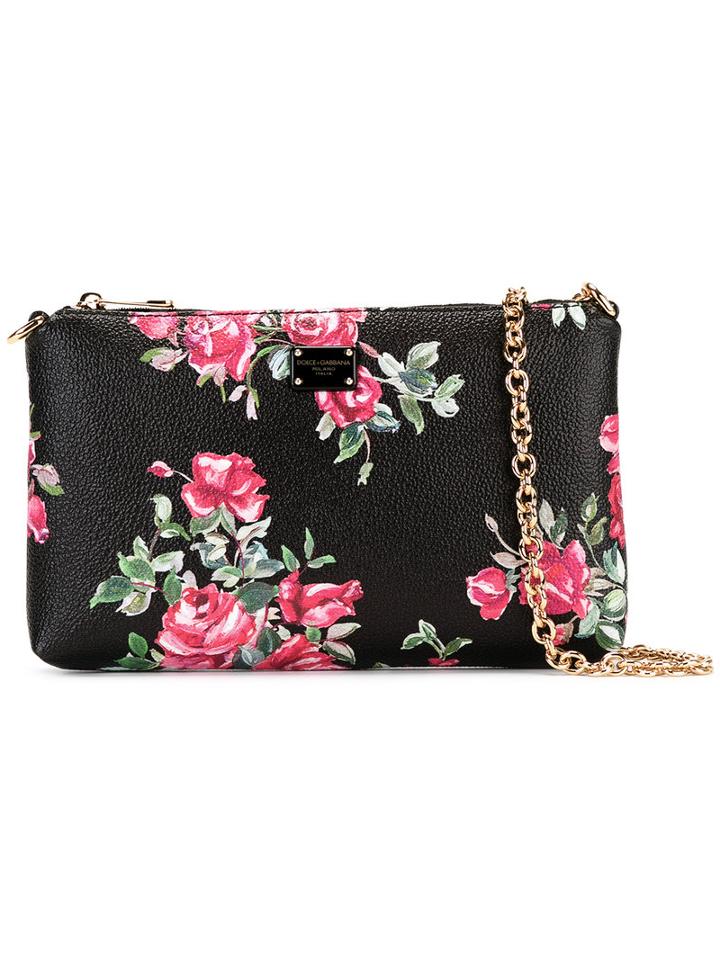 Dolce & Gabbana Floral Print Chain Clutch, Women's, Black, Calf Leather