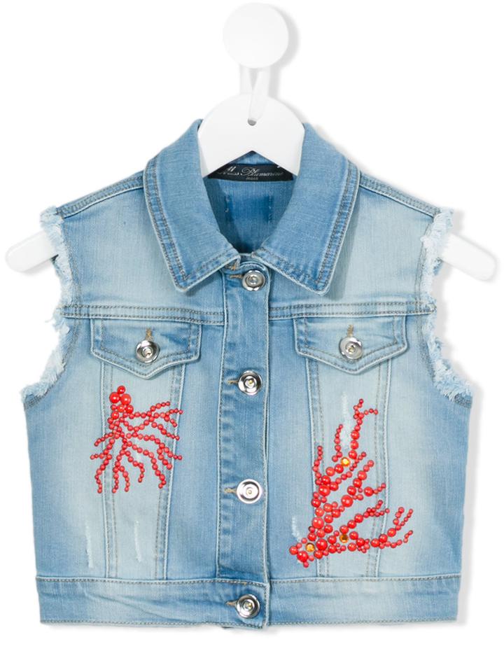 Miss Blumarine - Embroidered Denim Gilet - Kids - Cotton/elastodiene - 4 Yrs, Toddler Girl's, Blue