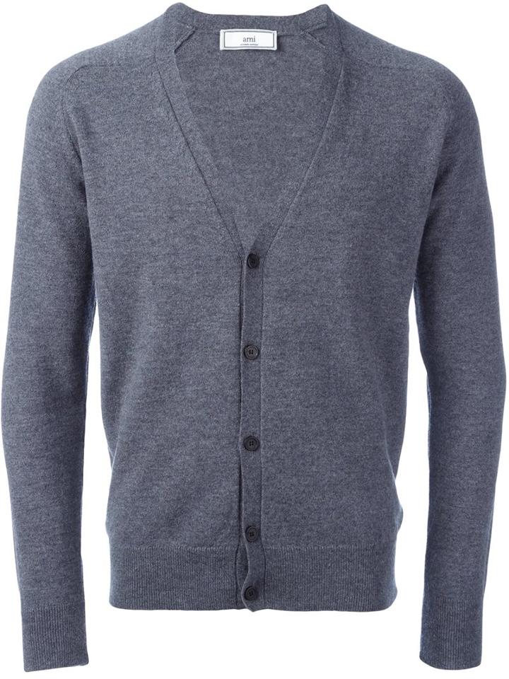 Ami Alexandre Mattiussi V-neck Cardigan, Men's, Size: Large, Grey, Cashmere/merino