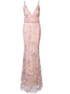 Marchesa Notte Feather Embroidered Sleeveless Gown - Pink