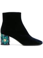 Prada Black Suede Floral Heel 70 Ankle Boots - Blue