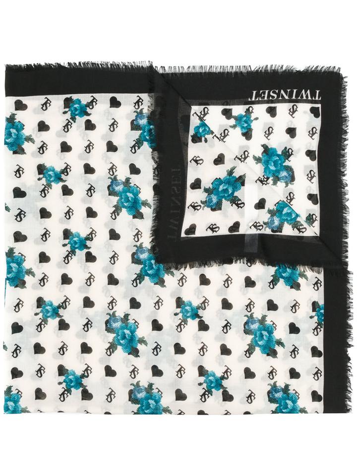Twin-set - Branded Rose Print Frayed Edge Scarf - Women - Polyester - One Size, White, Polyester