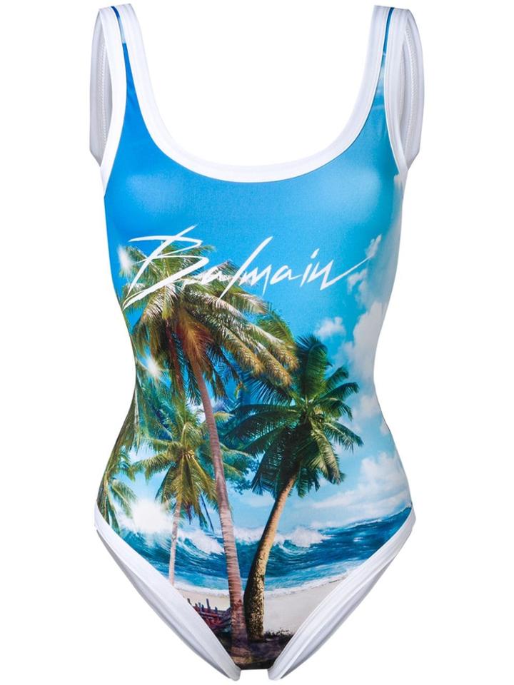 Balmain Printed Scoop Neck Swimsuit - Blue